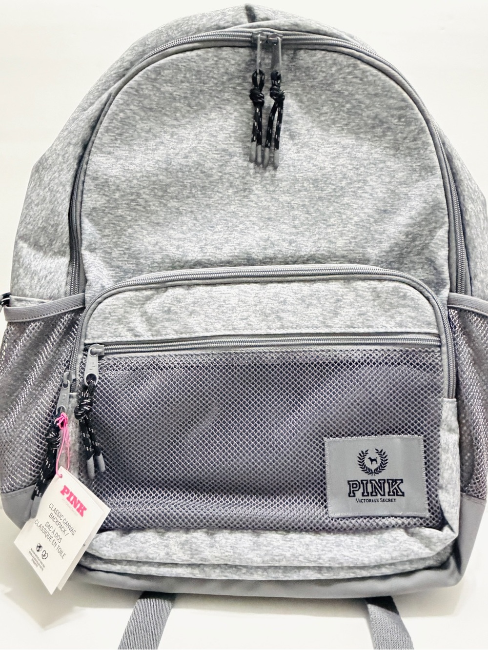 PINK Victoria's Secret Light Gray Heather Campus Backpack with Mesh Front Pocket